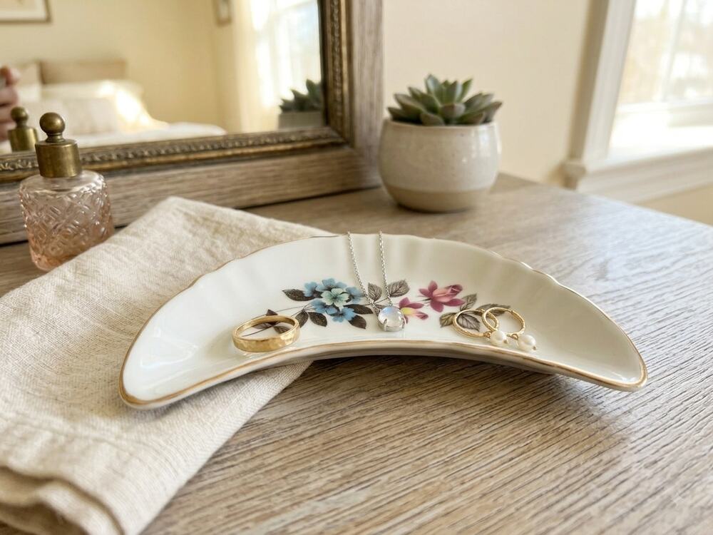 Vintage Chadwick Porcelain Crescent Bone Dish Floral Gold Trim